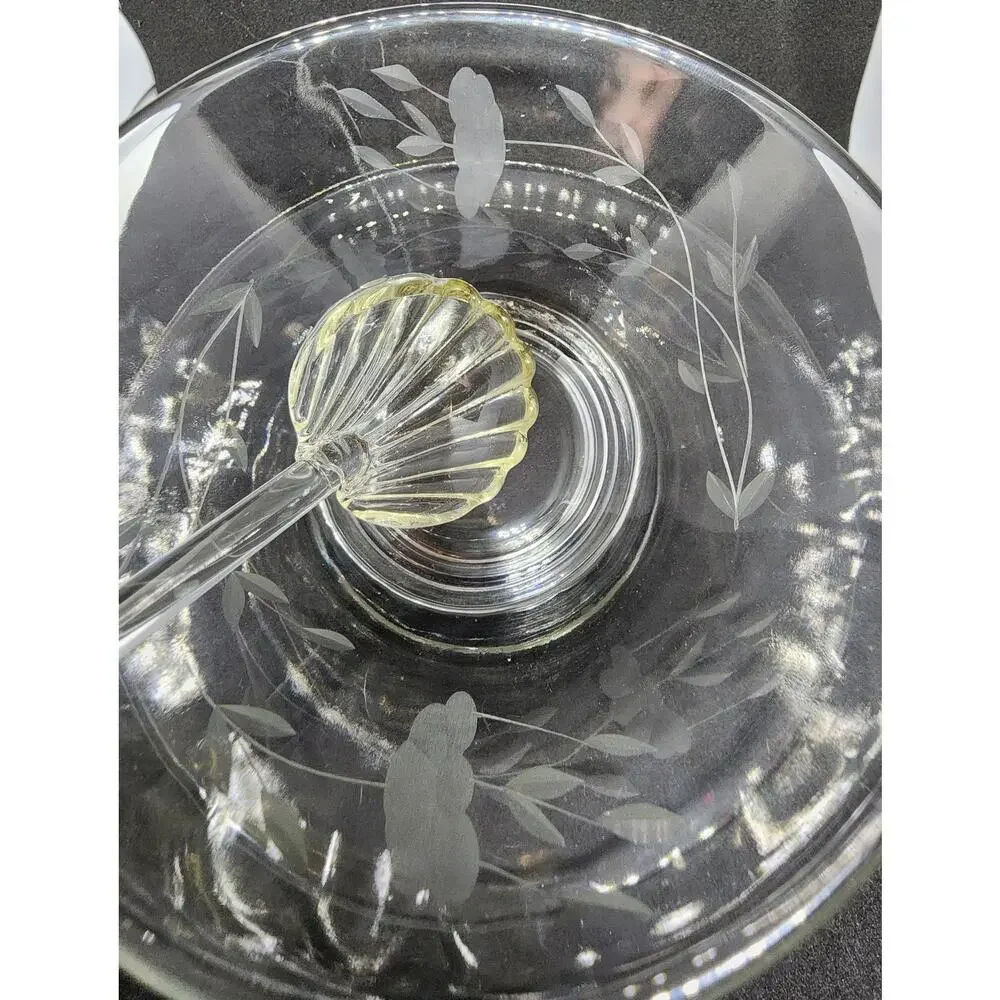 Vtg Princess House Crystal Etched Condiment Bowl plate Scalloped Spoon New w Box